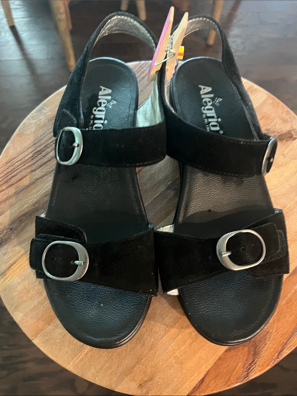Alegria Black Suede Slingback Buckle Sandals